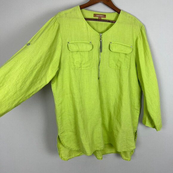 Ellen Tracy Top Womens Large Green 100% Linen 3/4 Roll Tab Short Sleeve Shirt L - Picture 5 of 11